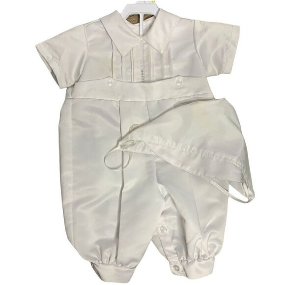Vintage Infant One Piece Tuxedo Suit 18 months White Christening Buttons Hat - Picture 1 of 7